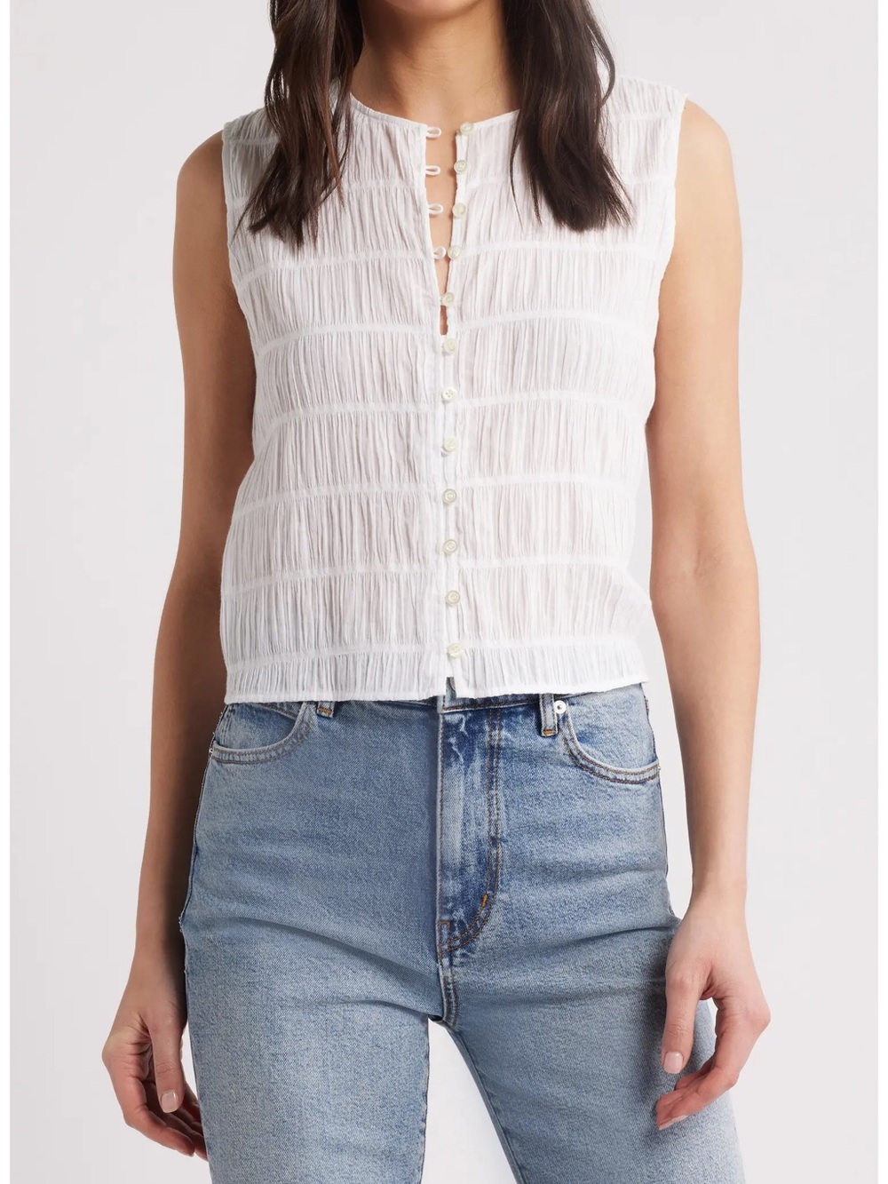 Frame The Smocked Button & Loop Tank Sleeveless White Textured Button-Front Top